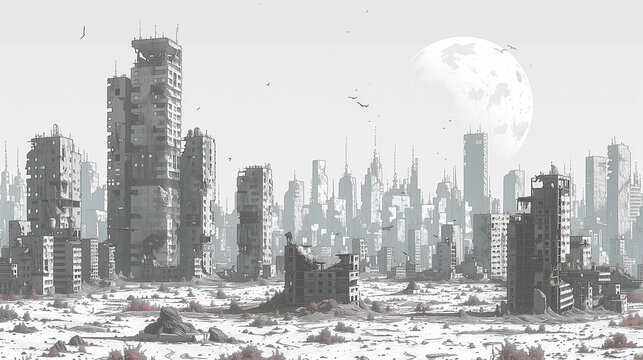 Black and white photo of destroyed city