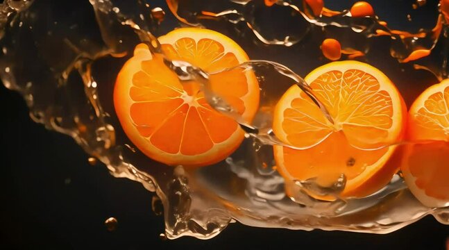 An vibrant orange slice splashing into crystal-clear water, with water droplets suspended in the air, capturing the freshness and energy.