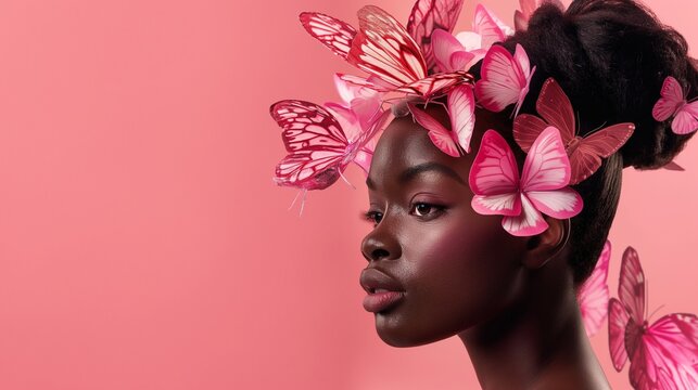 A meticulously composed image featuring an African American girl with a crown of pink butterflies, set against a professional studio pink background, eloquently conveying the natural appeal of cosmeti