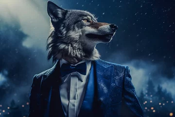 Fotobehang A wolf in a midnight blue tuxedo howling under a full moonultra HD © Porawit