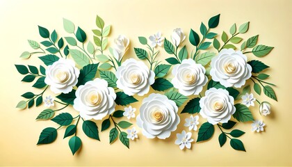 Paper cut of roses frame with copy space luxury background concept for wedding invitation card and advertising promotion 
