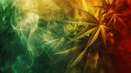 Background with marijuana leaves and smoke clouds in Rasta colors. Leafy bliss: Rasta smoke swirls.
