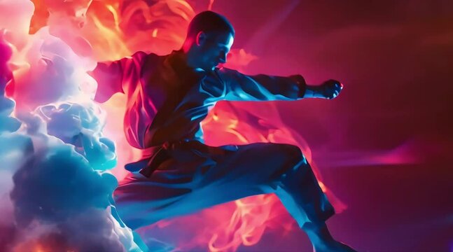 A martial artist in a high kick, neon blue and red lights capturing the power, on a vibrant magenta background