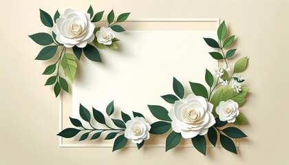 Paper cut of roses frame with copy space luxury background concept for wedding invitation card and advertising promotion 