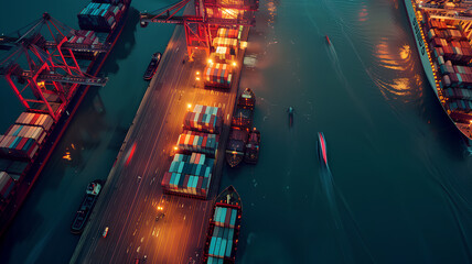 Twilight Activity at the Cargo Port. Overhead view of a bustling cargo port at twilight, with the vibrant lights and busy movement reflecting off the water's surface.
