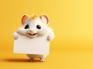 3d cute mouse or rat holding empty paper on yellow background