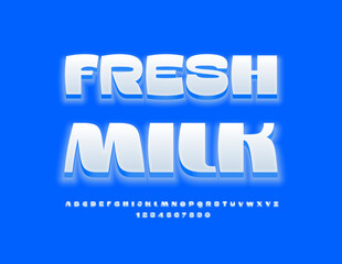 Vector advertising Emblem Fresh Milk. Modern Glowing Font. Trendy White Alphabet Letters and Numbers.