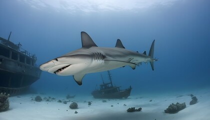 Fototapeta na wymiar A Hammerhead Shark Swimming Past A Shipwreck