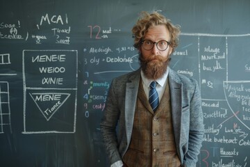 Confident math teacher standing in front of a chalkboard filled with equations - obrazy, fototapety, plakaty