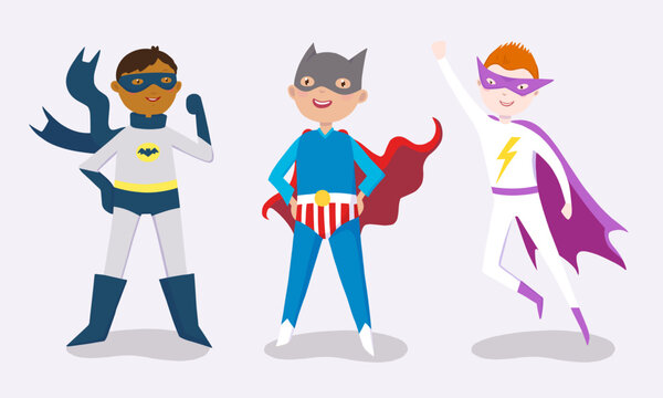 Vector illustration of kids superheroes. Cute and colorful outfits, children's book character design.