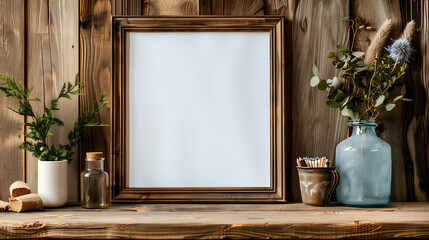 3d rendering of Mock up frame photo on wall, poster mock up, cozy home interior background, coastal...