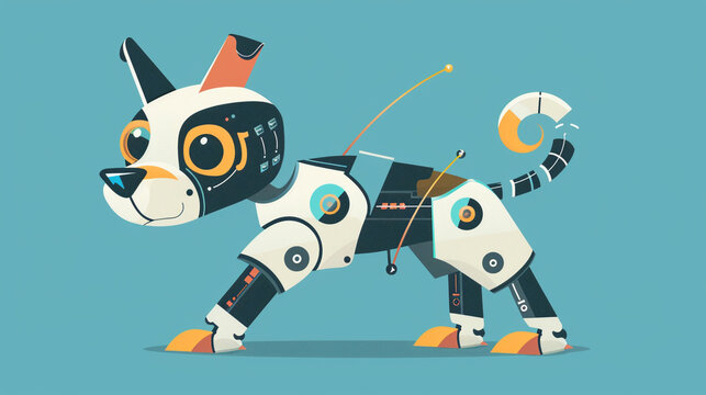 A cute clipart robot dog wagging its tail, with antennas twitching in excitement.