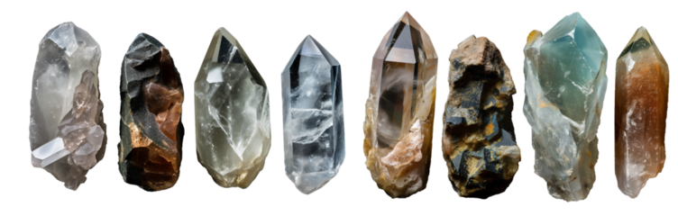 Collection of different quartz crystal stone chunks isolated on transparent background