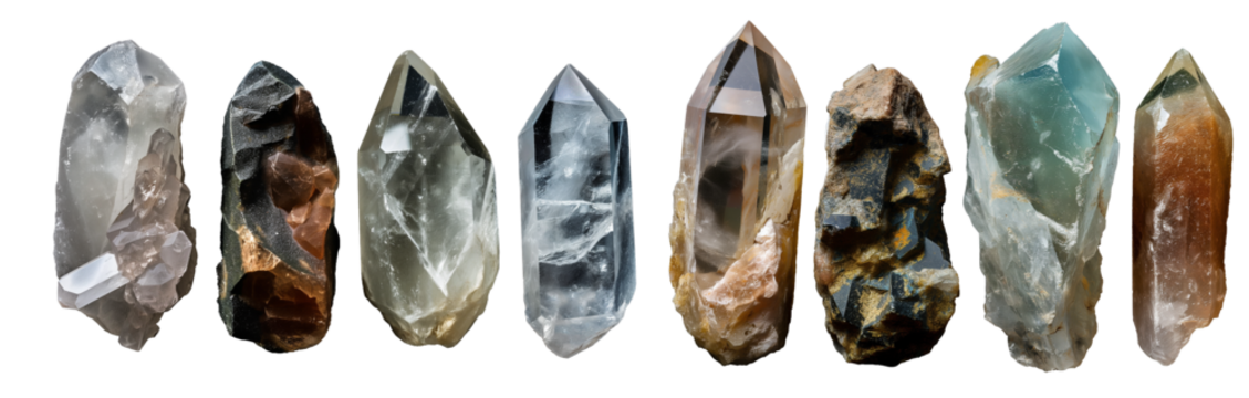Collection of different quartz crystal stone chunks isolated on transparent background