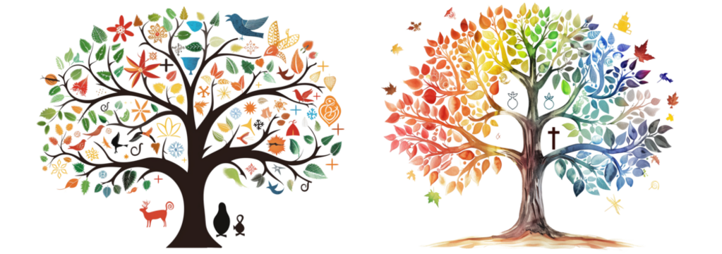 Illustration of a tree with leaves representing different religions, symbolizing growth and diversity isolated on a transparent background