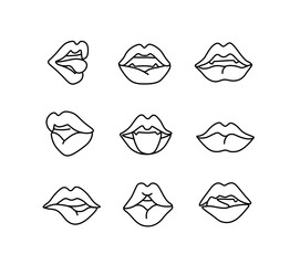 Lips icons set. Woman mouth. Print for clothes and logo design, small tattoo, emblem, face car, logo design. Black and white isolated vector illustration.