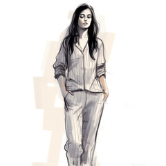 Pencil sketch of a model with long hair in pajamas