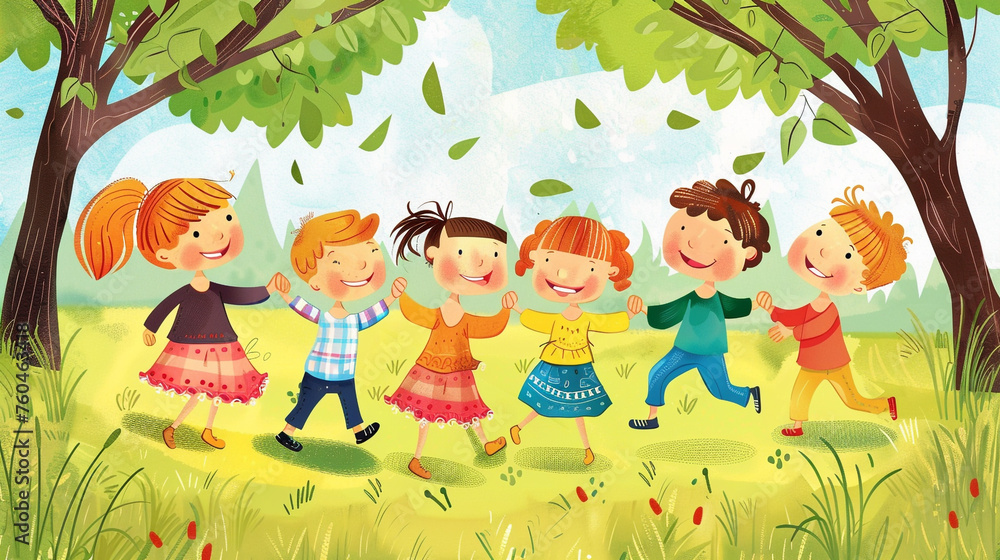 Wall mural A group of clipart children playing in a park, depicting joy and friendship.