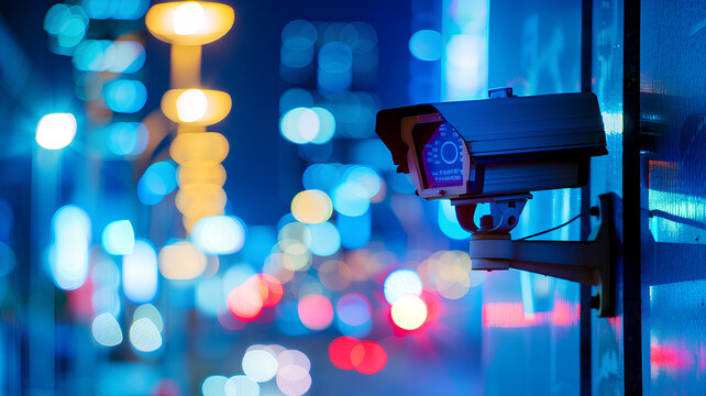Security Camera Overlooking Vibrant City Lights. A focused image of a security camera with colorful city night lights blurred in the background, creating a contrast between surveillance and urban life