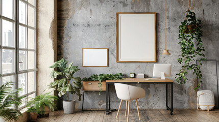 interior of a room with a table and chairs, mockup frame minimalist