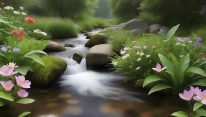 Naklejka premium A babbling brook surrounded by lush greenery and blooming wildflowers