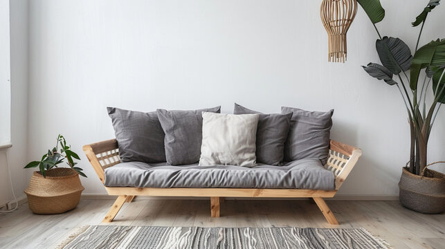 Wooden sofa with dark pillows in scandi style living room High detailed and high resolution smooth and high quality photo professional photography