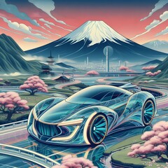 Imaginary image of a futuristic glass car model It has sleek lines and neon accents. - obrazy, fototapety, plakaty
