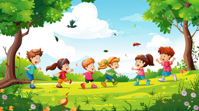 A group of clipart children playing in a park, depicting joy and friendship.