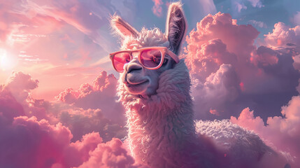 Sunglass-wearing llama amidst the clouds