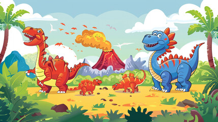 A group of clipart dinosaurs roaming through a prehistoric landscape with volcanoes in the background.