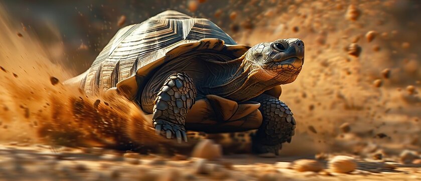 Turtle at the back of a race embodying the Tortoise and the Hare tale