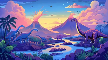 Fototapete Rund A group of clipart dinosaurs roaming through a prehistoric landscape with volcanoes in the background. © Amal