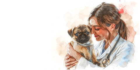 A veterinarian girl holds a pug in her hands. Banner, white background, copyspace. - obrazy, fototapety, plakaty