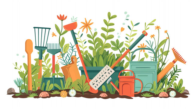 A set of clipart gardening tools including shovels, rakes, and watering cans, ready for planting season.
