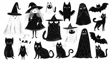 A set of clipart Halloween characters including witches, ghosts, and black cats, ready for spooky fun.