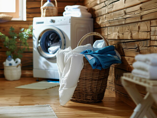 Fototapeta na wymiar Basket with clothes in laundry room with washing machine on background 