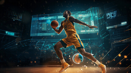 basketball professional team player running scoring ball over the hoop at dramatic stadium shot in dynamic active pose with statistics analysis datum, sports success concept copy space banner 
