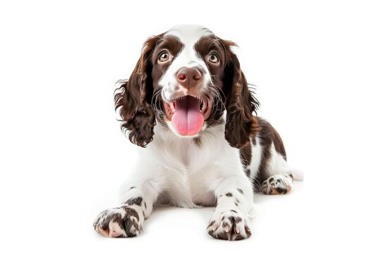 A cute English Springer Spaniel puppy posing playfully on a white background in sharp focus. Ideal for marketing campaigns and pet-related content