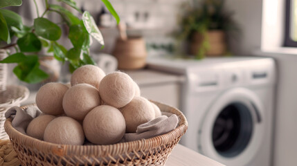 Natural wool dryer balls in wicker basket on laundry room counter. Concept of this image could be used for sustainable living and eco-friendly home care promotion