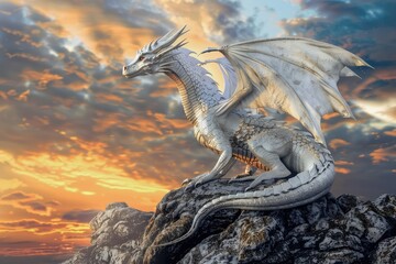 Majestic silver dragon silhouette against fiery sunset on rocky cliff in fantasy landscape. Mythical creature with shimmering scales and powerful wings