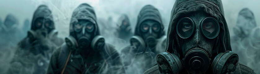 Group facing pollution, gas masks on, detailed view, smog-filled backdrop,