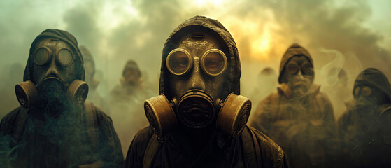 Gas mask-clad crowd, survival against pollution, wide view, dark smoke swirls, cinematic - obrazy, fototapety, plakaty
