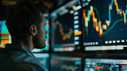 an investor looking display. display screen stock chart. in minimal style trading room. generative AI