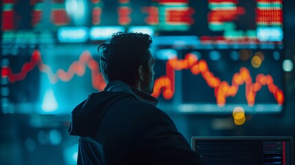 an investor looking display. display screen stock chart. in minimal style trading room. generative AI