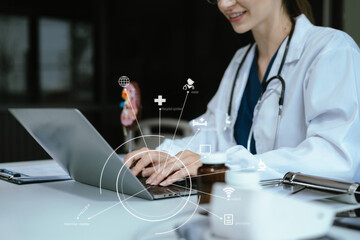 Medicine doctor hand working with modern digital tablet computer interface as medical network...