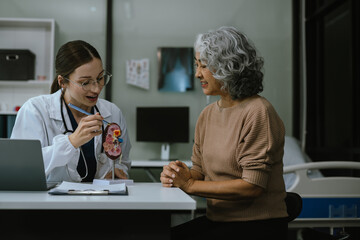 Female doctor explaining to patient results of model the process of patients. Diagnosis of diseases for Model Internal organ.