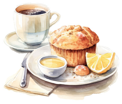 Watercolor illustration of a muffin and coffee