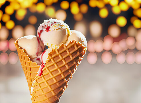 D&eacute;licieux gros cornet de glace, avec plusieurs boules de glace, vu en gros plan
