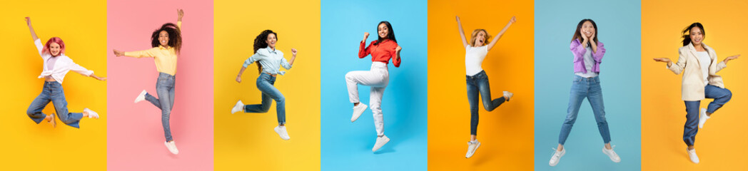 Happy Day. Group Of Cheerful Multiethnic Women Jumping On Colorful Backgrounds
