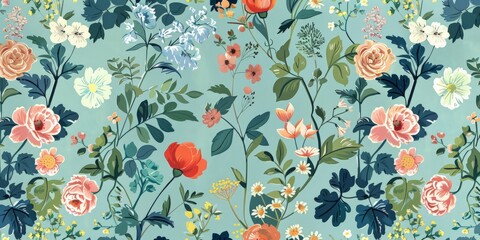 A variety of colorful flowers scattered across a bright blue background, creating a lively and cheerful scene